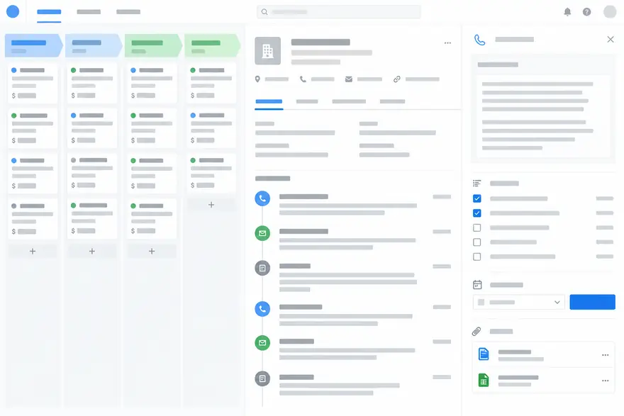 A sales CRM with a deal pipeline, account activity, and call notes.